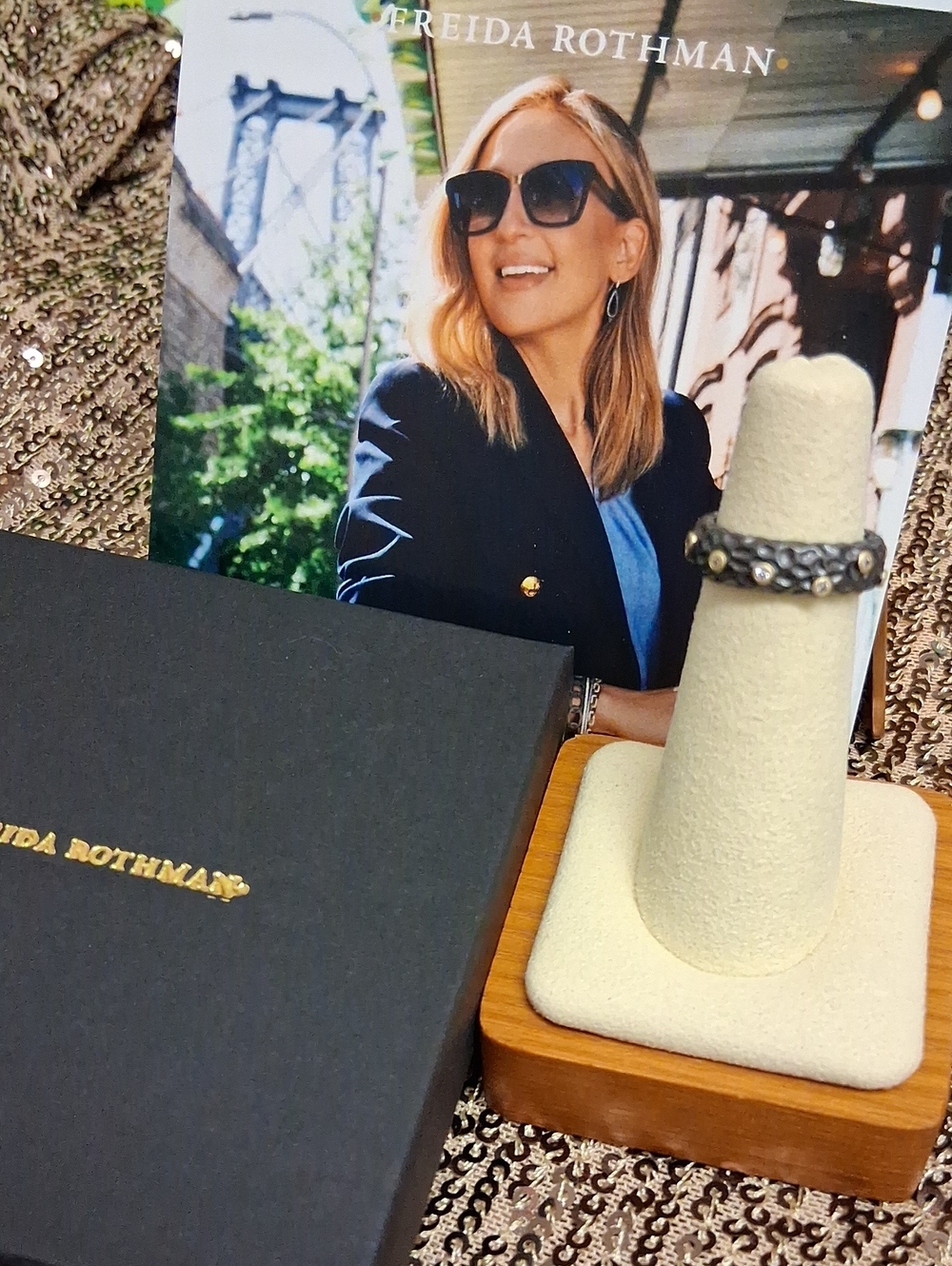 Freida Rothman STREETS IN BLOOM Textured Black And Gold Ring with cz's